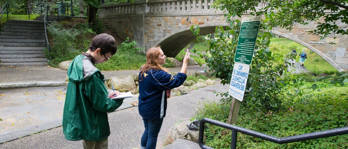 U N E students at Deering Oaks Park in Portland, Maine