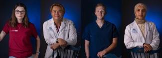 Portraits of four U N E students, two graduate and two undergraduate, in front of a blue wall